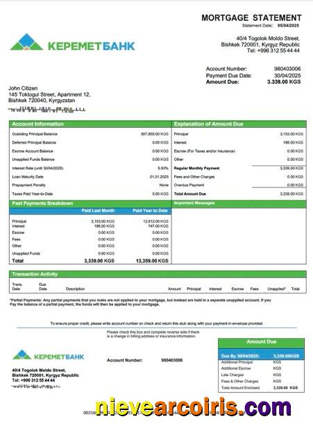 Kyrgyzstan Keremetbank mortgage statement Word and PDF template
